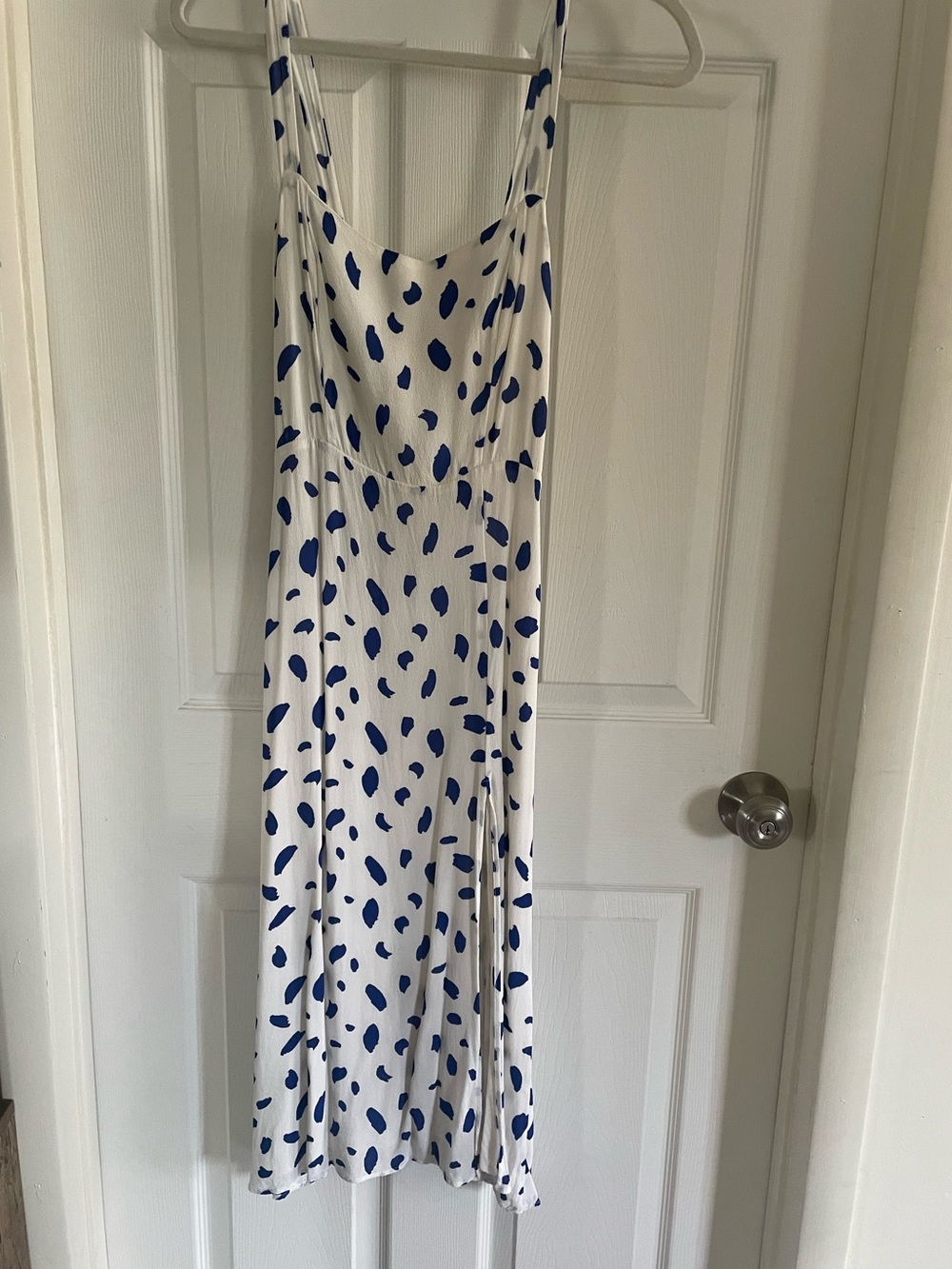 Reformation White Slip Midi Dress with Blue Spot Print